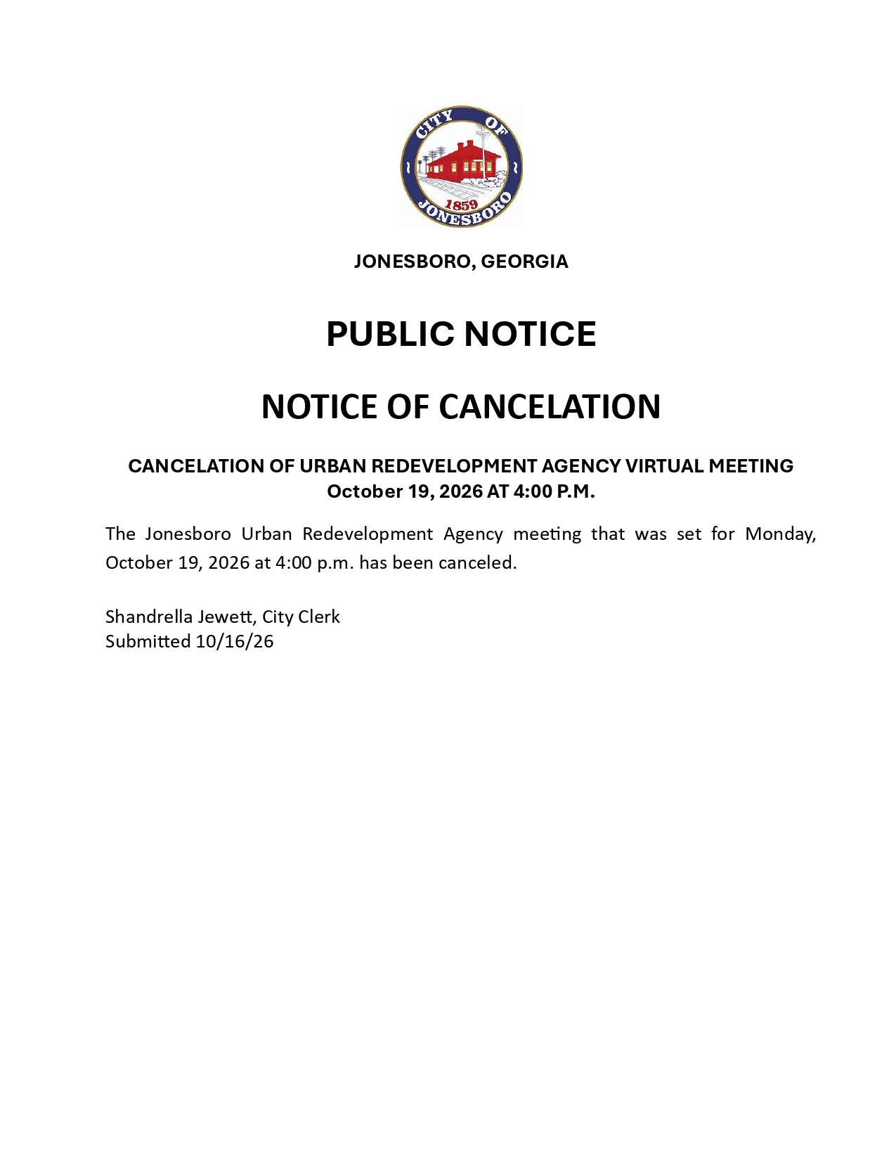PUBLIC NOTICE - NOTICE OF CANCELATION